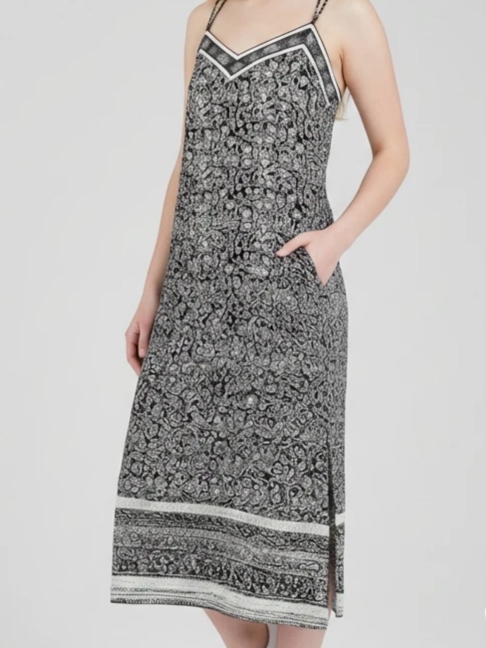 GAP Black and White Printed Spaghetti-Strap Midi Dress